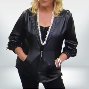 MarlaWynne Faux Leather Jacket Hood Pockets Black Size Large